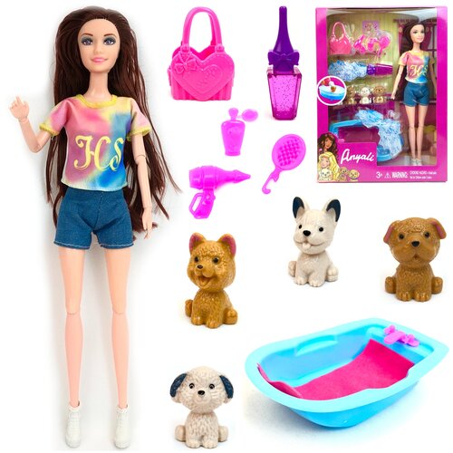 Кукла Anyali с питомцами, ванной, аксессуарами, шарнирная, 30 см, 12 предметов