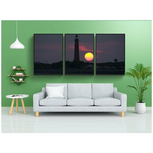 фото Набор модулных постеров для интерьера "маяк, заход солнца, море" 60x90 см. в тубусе, без рамки lotsprints