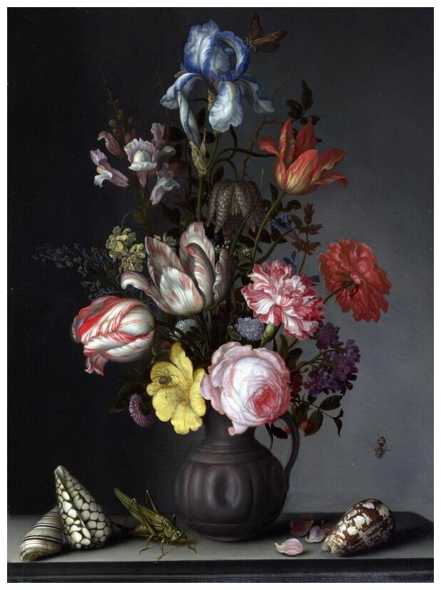 Репродукция на холсте Цветы в вазе и насекомые (Flowers in a Vase with Shells and Insects) Аст Бальтазар ван дер 30см. x 40см.