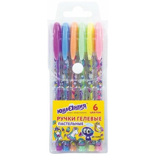 фото Ручки гелевые юнландия, набор 6 цветов, пастель, корпус с печатью, узел 0,7 мм, линия письма 0,5 мм, 142803