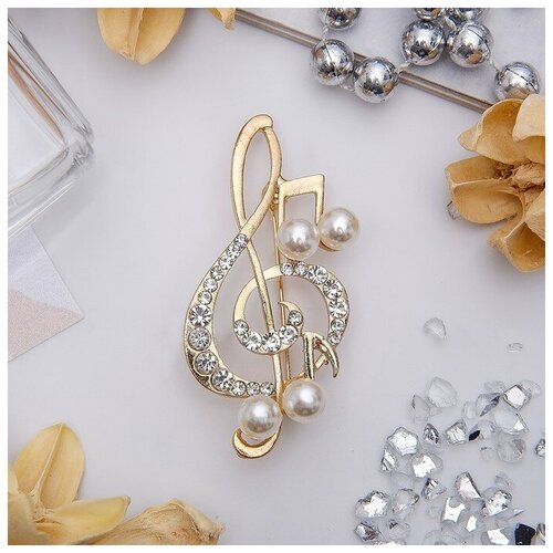 фото Брошь "скрипичный ключ" с жемчужными нотками, цвет белый в золоте нет бренда