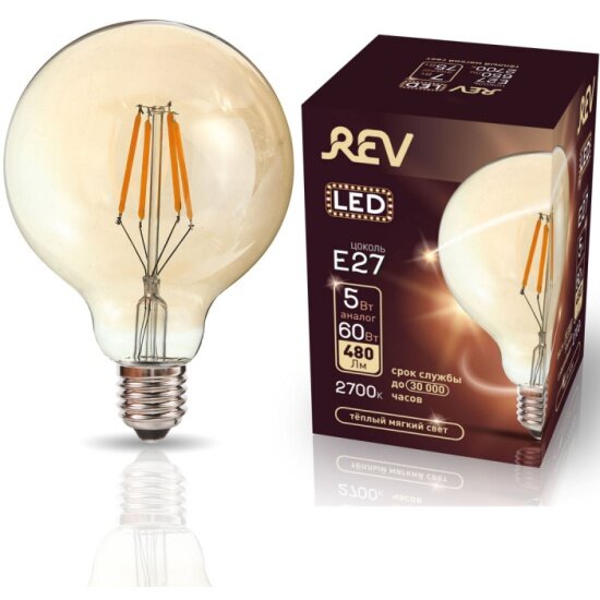 Светодиодная лампа Rev VINTAGE Filament шар G95 E27 5W, 2700K, DECO Premium GOLD