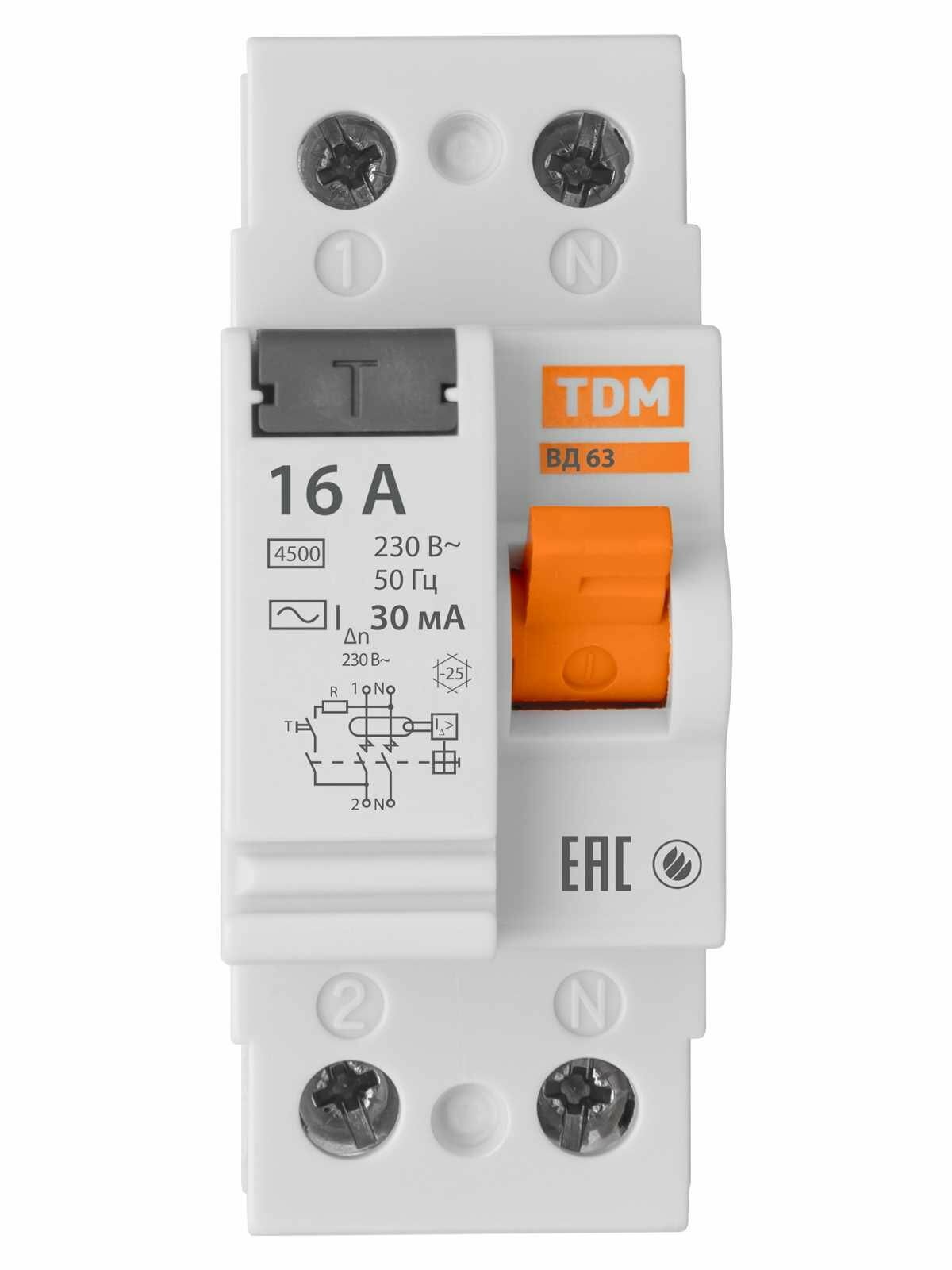 УЗО ВД63 2Р 16А 30мА (электронное) TDM