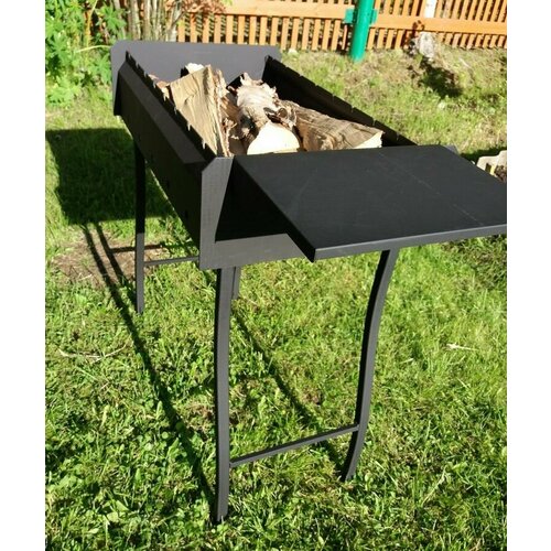 Мангал разборный на 9 шампуров на площади топки 60х34 см с полкой под посуду, соусы или специи. Из крепкой стали 2 мм, 70x84x38 см