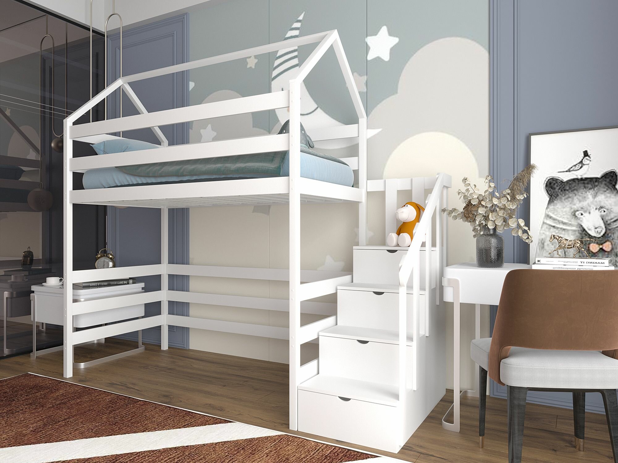 фото Кровать детская, подростковая "Чердак с лестницей-комодом", 160х80, белый, из массива