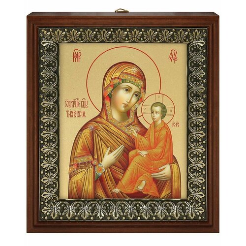 Икона Божией Матери Тихвинская на золотом фоне в рамке со стеклом (размер изображения: 13х16 см; размер рамки: 18х20,7 см).