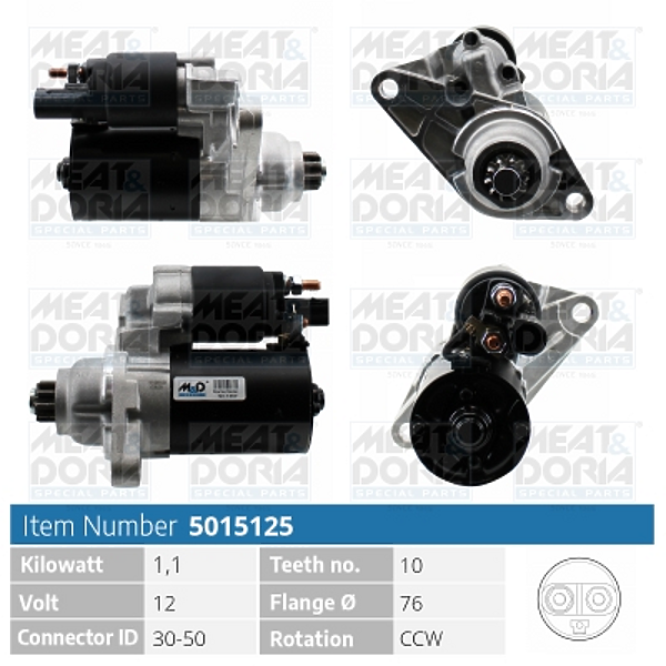 MEAT & DORIA 5015125 стартер 1.1kw\ Audi (Ауди) a3, VW Golf (Гольф) / polo, Skoda (Шкода) Octavia (Октавия) 1.4-1.6 03