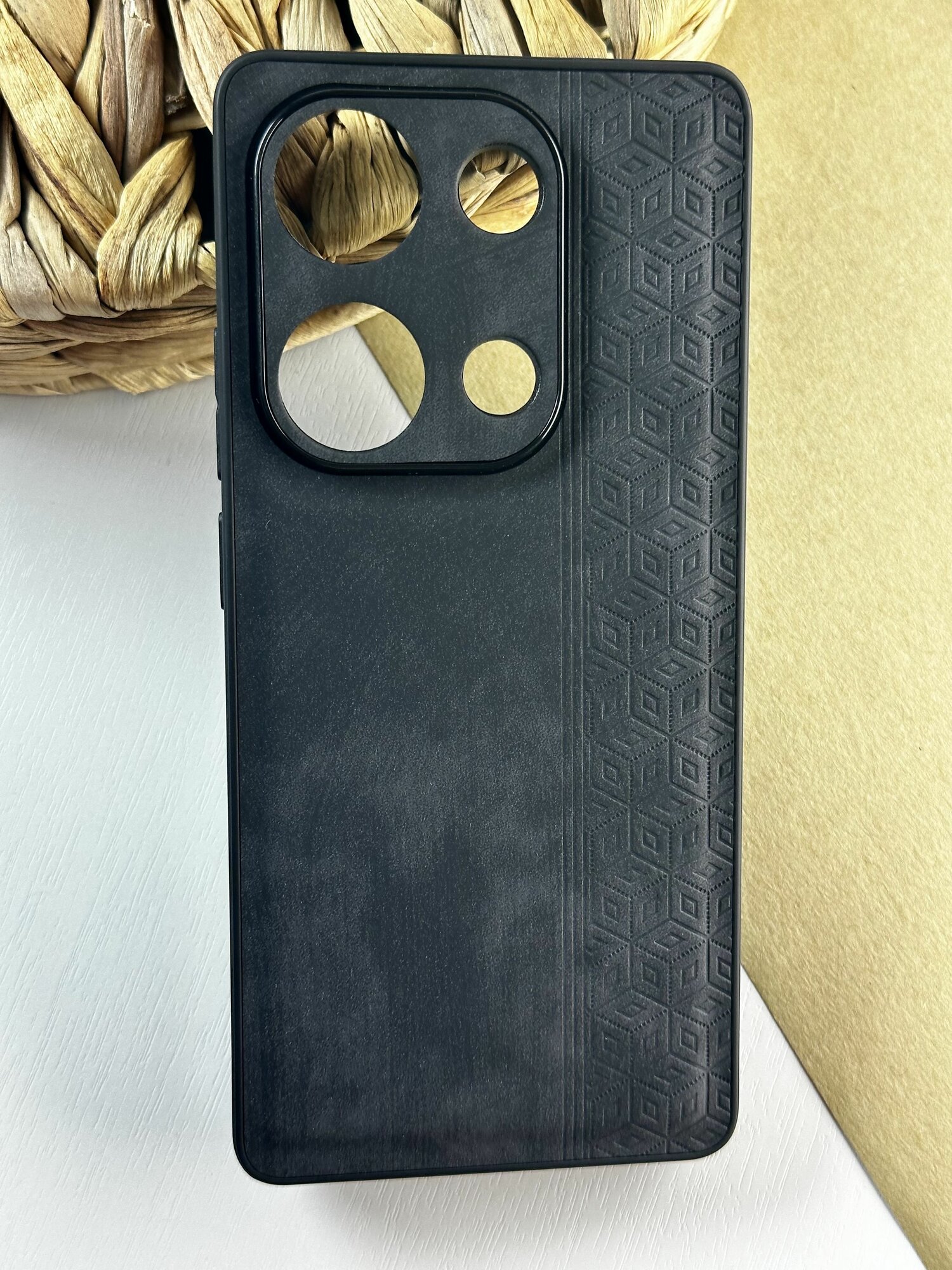 Чехол кожаный Xiaomi Redmi Note 13 Pro 4G /Poco M6 Pro 4G (Чехол на Редми Ноте 13 Про/Поко М6 Про) с защитой камеры, геометрия, черный