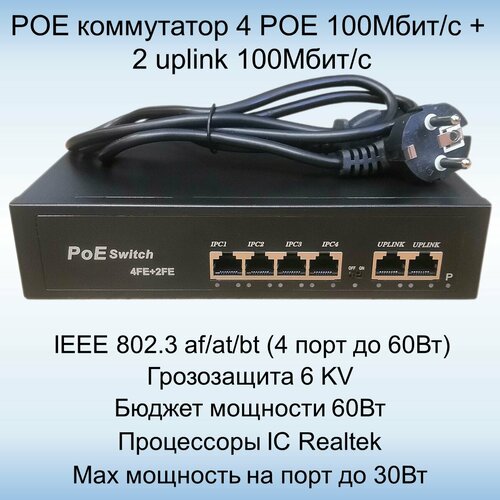 Коммутатор POE свич с 4POE 2Uplinк 100 Мбитс портов грозозащита 6KV до 250 метров поддержка IEEE8032bt- 4 порт 2000₽