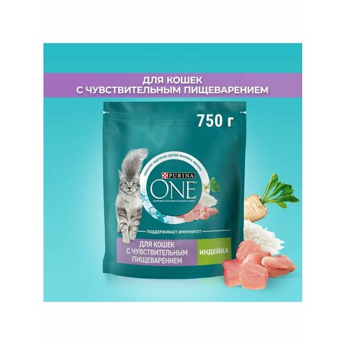 Сухой корм для кошек, Purina ONE Sensitive при чувствительном пищеварении, с индейкой и рисом, 750г 8 шт