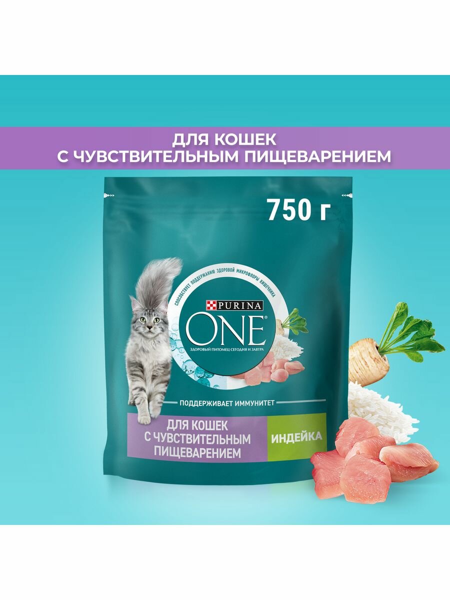 Сухой корм для кошек, Purina ONE Sensitive при чувствительном пищеварении, с индейкой и рисом, 750г 8 шт