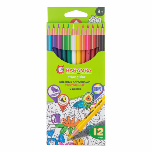 Цветные карандаши/ цветные карандаши 12 цветов/ цветные карандаши треугольные Baramba 12 цветов мягкие/ Школьный набор цветных карандашей