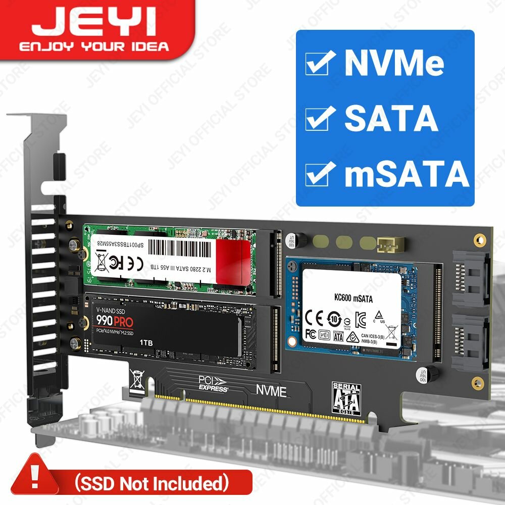 JEYI Адаптер карты NVMe NGFF и mSATA SSD PCIe 4.0/3.0, 3 в 1: M.2 NVME в PCIE/M.2 Serial ATA SSD в sata III/mSATA в SATA конвертер