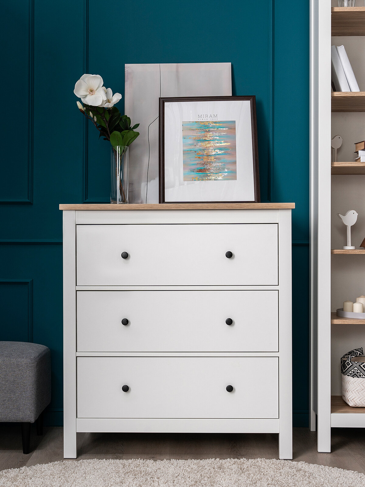 Комод для одежды белый/ясень с ящиками, 92x51x100 см, шариковые направляющие с доводчиком, Гуд Лакк Сага