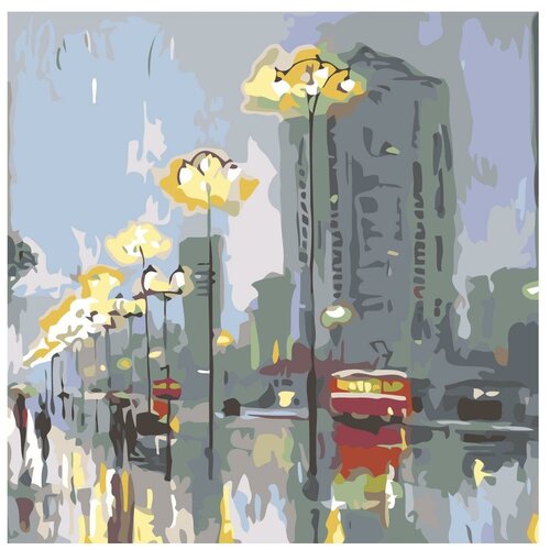 Картина по номерам, Живопись по номерам, 80 x 80, AB09, городской пейзаж, фонари, вечер, дождь, автобус, Англия