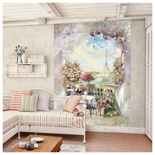 фото Фотообои балкон в цветах с видом на эйфелевую башню в париже/ красивые уютные обои на стену в интерьер комнаты/ 3д расширяющие пространство/ на кухню в спальню детскую зал гостиную прихожую/ размер 200х270см/ флизелиновые топ фотообои,топ фотообои