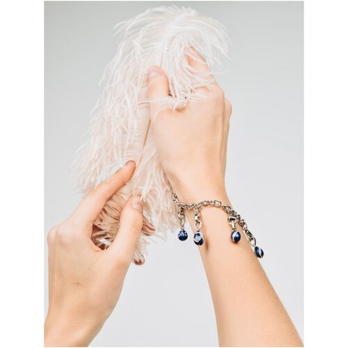 Браслет-цепочка СВ, кристалл, эмаль, размер 20 см, размер M, серебристый, синий