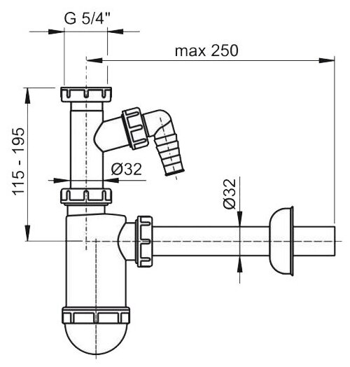 Сифон для умывальника DN32 Alcadrain A430P со штуцером и накидной гайкой 5/4" - фотография № 2