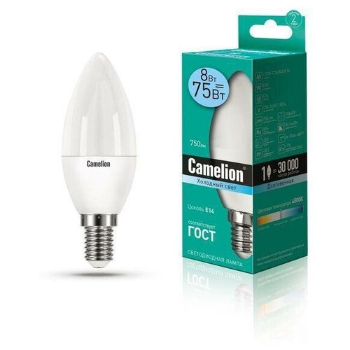 фото Лампа светодиодная led8-c35/845/e14 8вт свеча 4500к бел. e14 750лм 170-265в camelion 12386 (упаковка 10 шт)