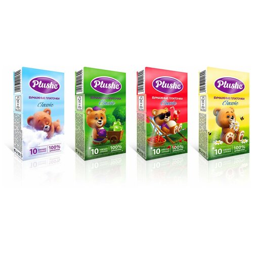 Платочки Бумажные Plushe Classic standart 2-слойные, 10 штук*10, 12 упак (1200 платочков)