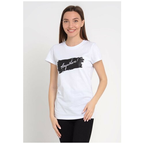 фото Белая женская футболка parrey, черный принт anywhere размер l