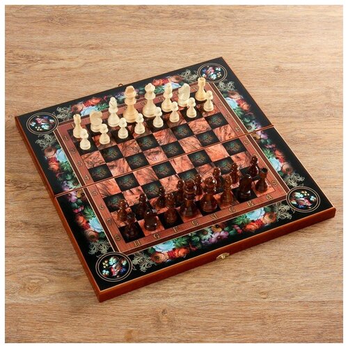 Настольная игра 3 в 1 Цветы: шахматы, шашки, нарды (доска дерево 50х50 см) 1350463