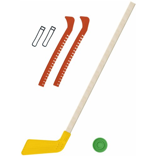 Детский хоккейный набор для игр на улице, свежем воздухе для зимы для лета Клюшка хоккейная детская жёлтая 80 см.+шайба+Чехлы для коньков оранжевые