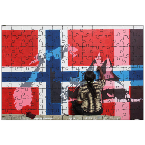 фото Магнитный пазл 27x18см."норвегия, флаг, карта" на холодильник lotsprints