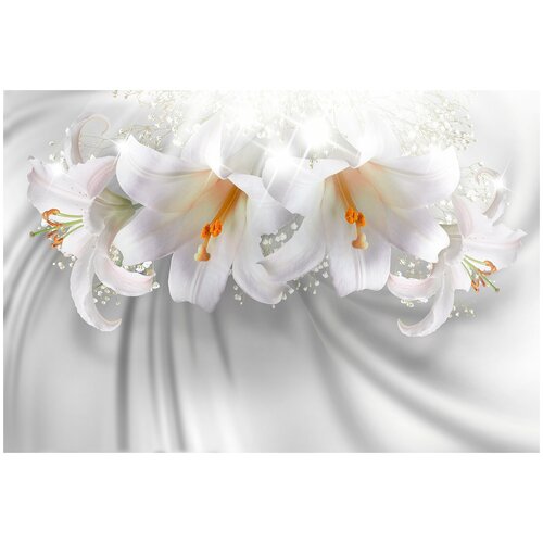 фото Фотообои белые лилии на шёлке 3d/ красивые стильные обои на стену в интерьер комнаты/ 3д расширяющие пространство/ на кухню в спальню детскую зал гостиную прихожую/ размер 400х270см/ флизелиновые топ фотообои