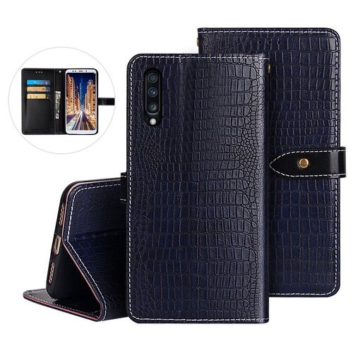 фото Чехол-книжка mypads для samsung galaxy a70 / a70s sm-a705f (2019) с фактурной прошивкой рельефа кожи крокодила с застежкой и визитницей синий