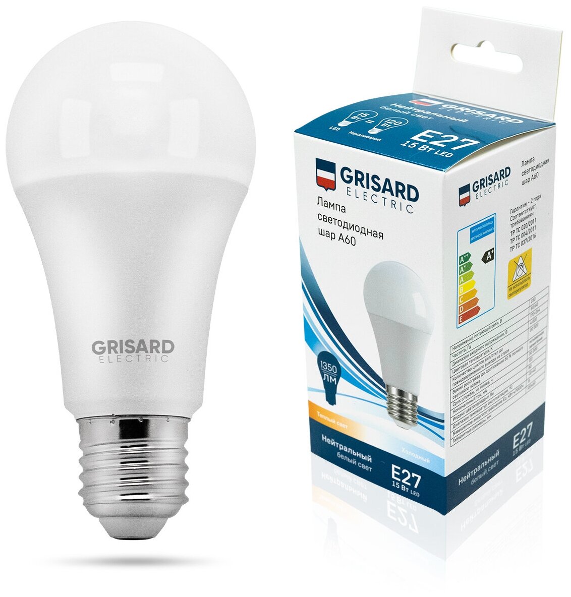 Лампа светодиодная GRISARD ELECTRIC шар A60 Е27 15Вт 4000К 220В