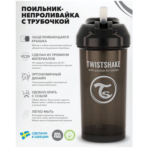 фото Детский поильник-непроливайка с трубочкой twistshake straw cup, 360 мл, от 6 мес. чёрный