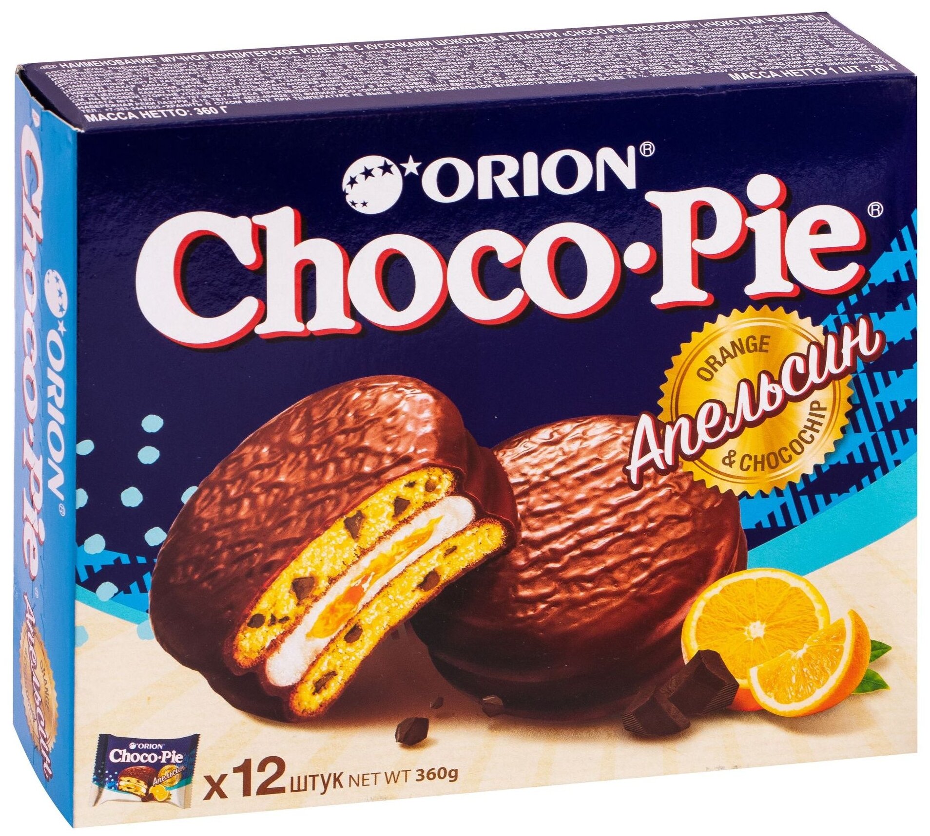 Печенье ORION "Choco Pie Chocochip" c апельсином и кусочками шоколада, 360 г (12 штук х 30 г), О0000013006 - фотография № 1