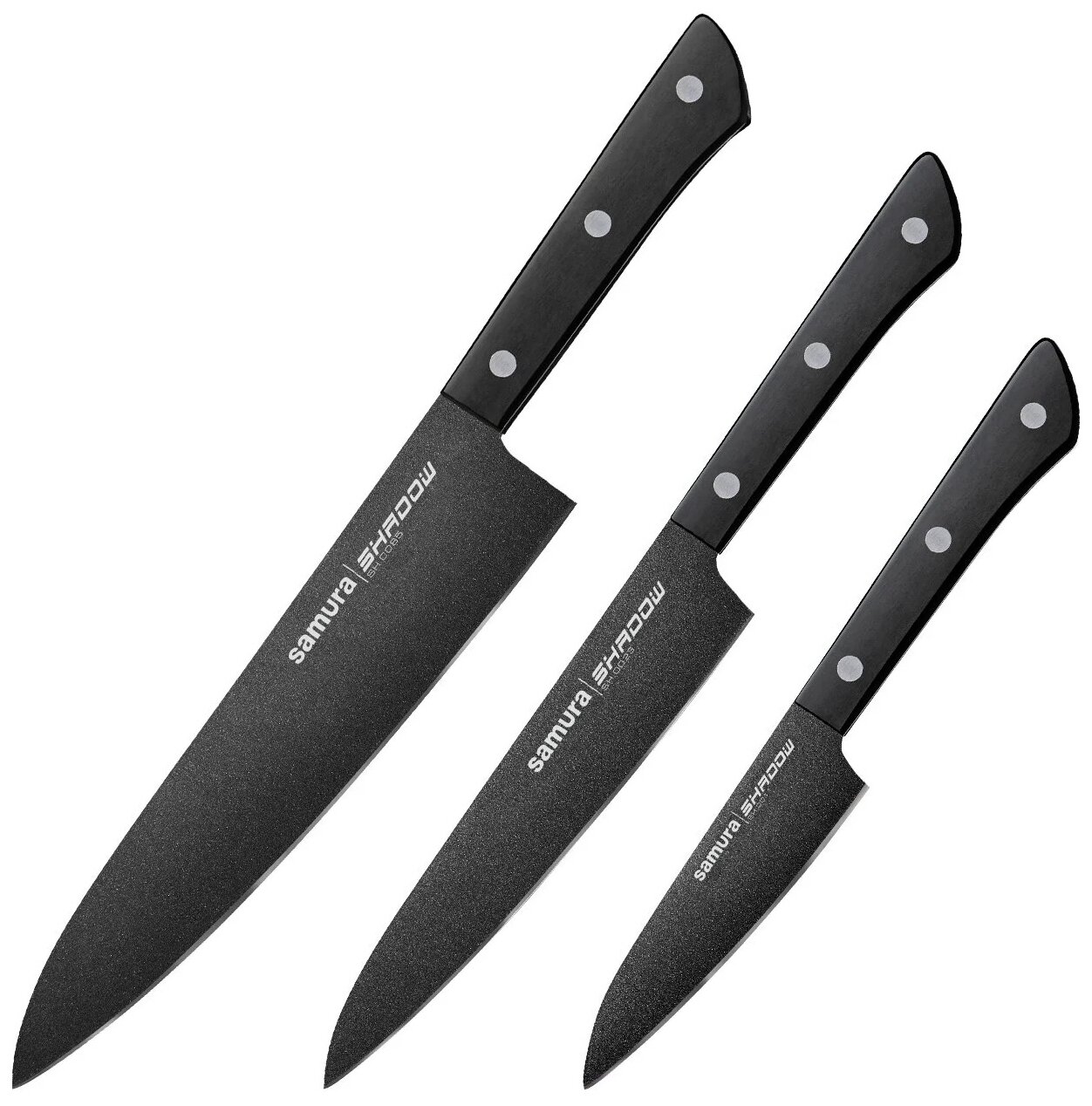 Набор кухонных ножей SAMURA SHADOW SH-0220/K с покрытием BLACK FUSO, AUS-8, ABS пластик, 3 предмета