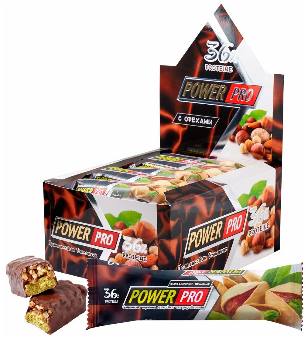 Power Pro Батончики Power Pro с цельными орехами и фруктами 60 г, 20 шт, вкус: фисташковое пралине