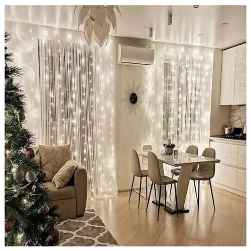 фото Новогодняя светодиодная гирлянда штора / занавес / дождик с контроллером и коннектором 3 х 3 м белый baziator