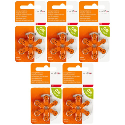Батарейки Audifon 13 для слуховых аппаратов, 5 блистеров (30 батареек).