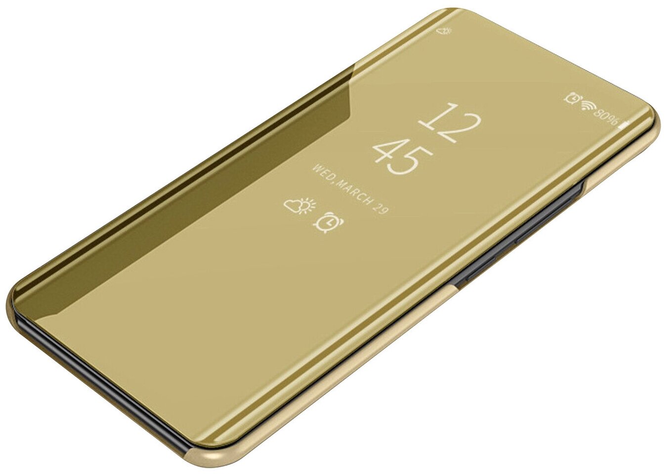 Чехол-книжка MyPads для Samsung Galaxy J4 (2018) с дизайном Clear View Cover с полупрозрачной пластиковой крышкой с зеркальной поверхностью золотой