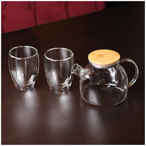 Набор чайный ЛiСТ (LIS51195) Чайник стеклянный заварочный 600 мл, Стаканы с двойными стенками (термо стакан) 350мл - 2 шт, 3 предмета, на 2 персоны