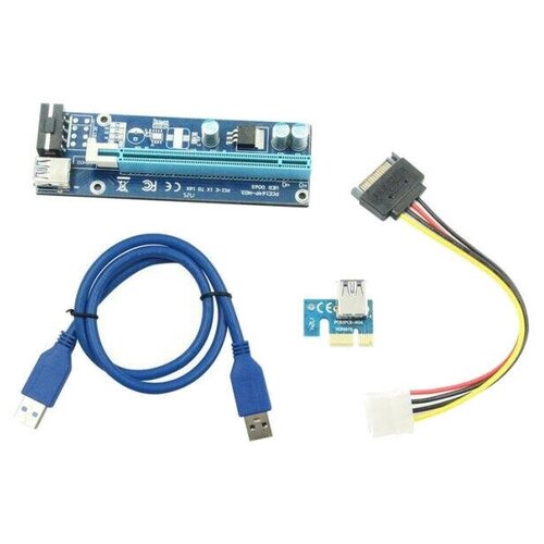 Райзер для видеокарты Riser Card Ver 006, PCI-E x16, molex 4 pin, USB 3.0, 60см, синий, кабели в комплекте fixtor райзер pci e riser card ver 007с usb 3 0