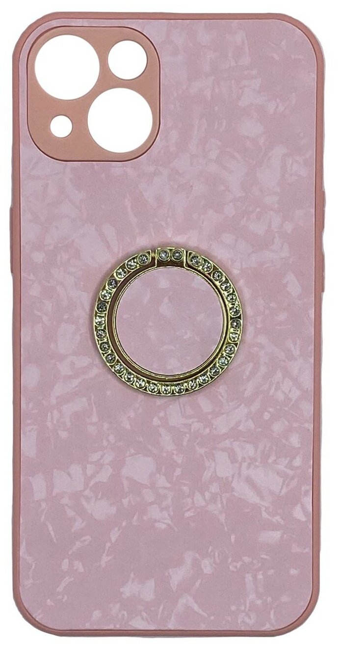 Чехол силиконовый для iPhone 13 (6.1), с подставкой кольцом на палец со стразами, розовый