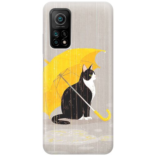 Ультратонкий силиконовый чехол-накладка для Xiaomi Mi 10T, Mi 10T Pro с принтом Кот с желтым зонтом жидкий чехол с блестками meow meow черный кот на xiaomi mi 10t pro сяоми ми 10т про
