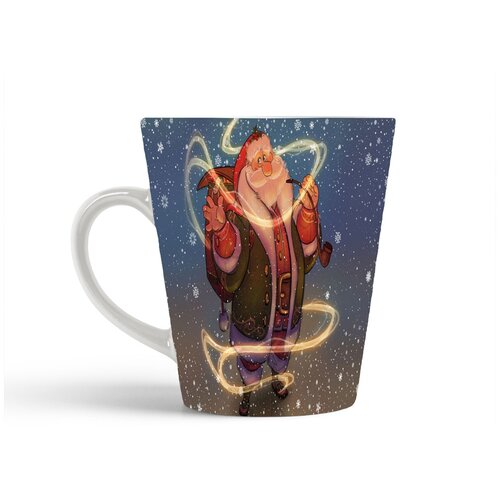 фото Кружка-латте coolpodarok санта клаус с трубкой и рюкзаком снежинки на фоне