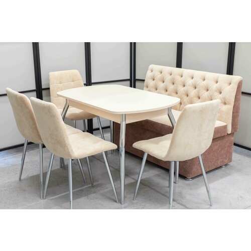 Обеденная группа Монро-1 Кватро, стол матовое стекло, 110(140)х70 см, обивка дивана и стульев антивандальная, моющаяся, антикоготь, цвет крем.