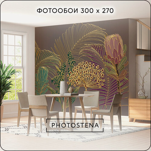 Изображение товара Фотообои на стену флизелиновые встык PHOTOSTENA Тропические цветы и листья с текстурой ткани 3 x 2,7 м 8,1 м2