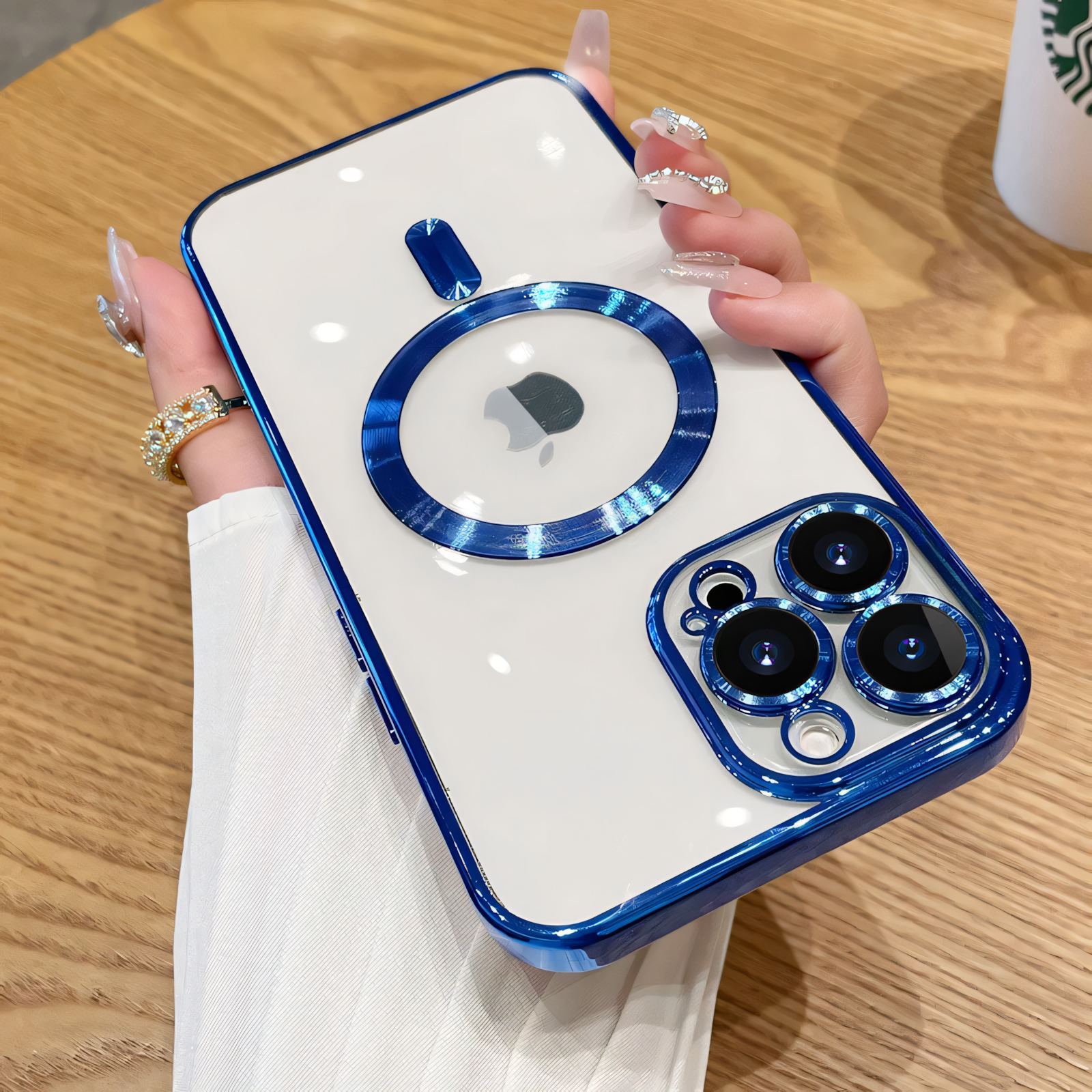 Прозрачный чехол для iPhone 16 Pro Max, глянцевый, с магнитным креплением, TPU, темно-синий