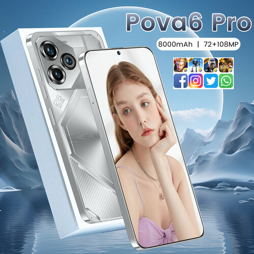 Смартфон POVA6 Pro мобильный телефон поддержка русского языка перфорированный экран сеть 5G память 16 ГБ1 ТБ Android 13 белый 6388₽