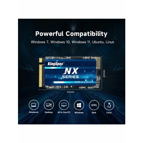 SSD KingSpec 128 ГБ M2 2242 NVMe PCIe 30x4 встроенный твердотельный накопитель M key 1589₽