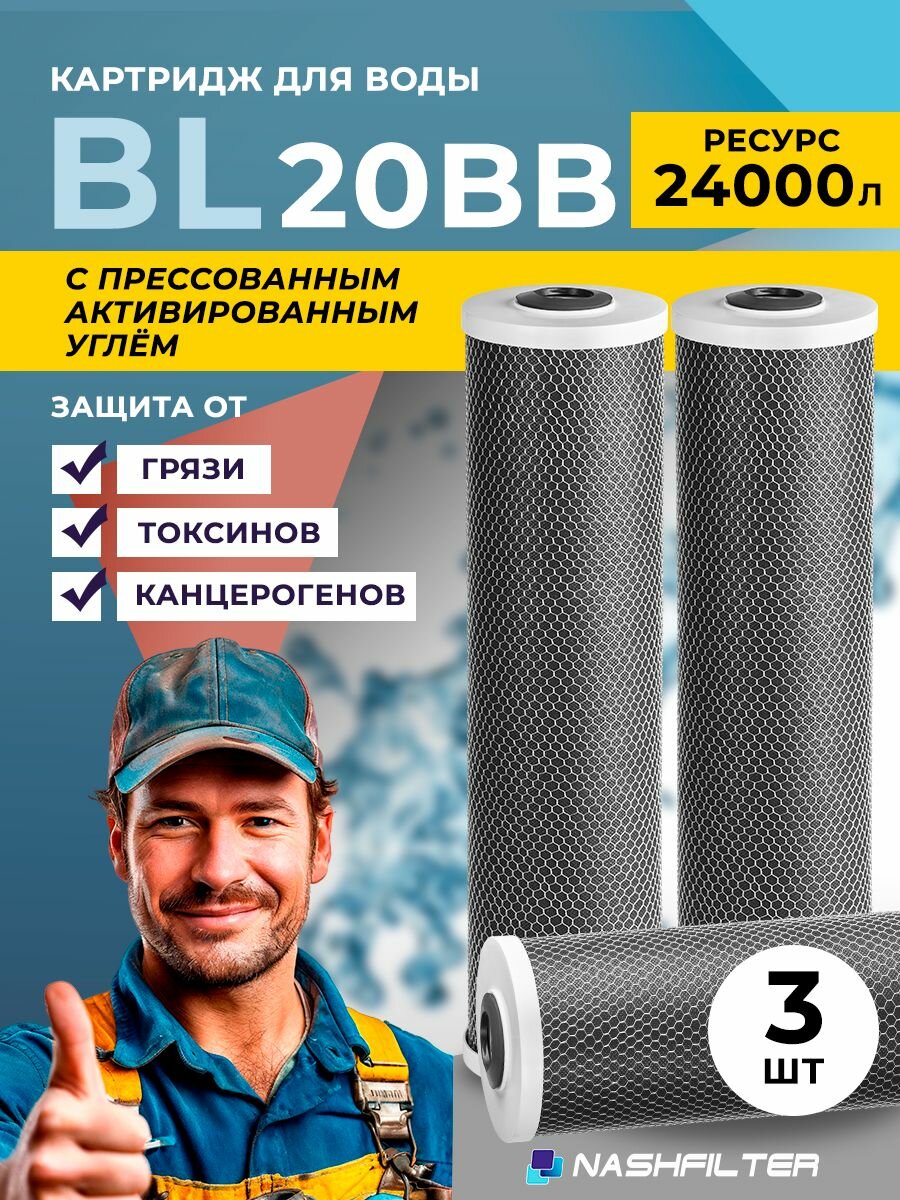 Картридж для фильтра угольный NASHFILTER BL 20BB из прессованного угля, для сорбционной очистки воды (от хлора и органических соединений) 3 шт
