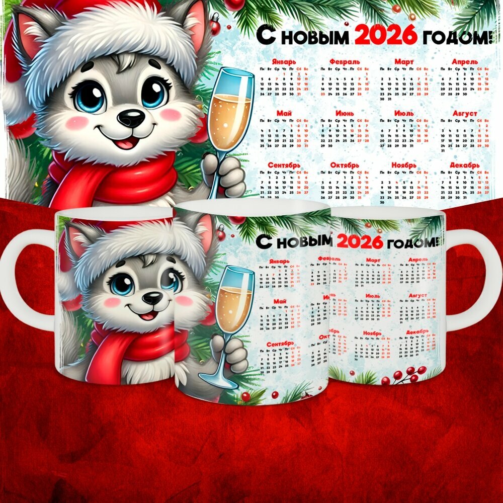 Кружка Новогодняя с календарем на 2026год, Подарок на Новый год "Волк" 330 мл, керамическая 1 шт